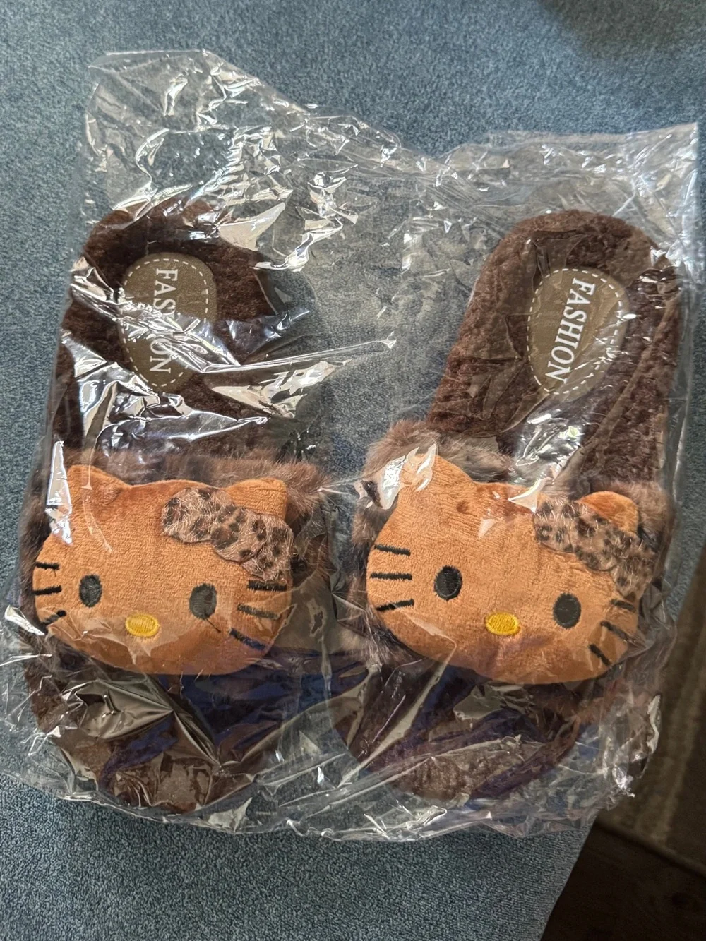 Hello Kitty Brown Plush Slippers with Cream Character Applique